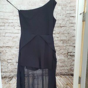 New York and Company M black jumpsuit shorts one shoulder draped skirt